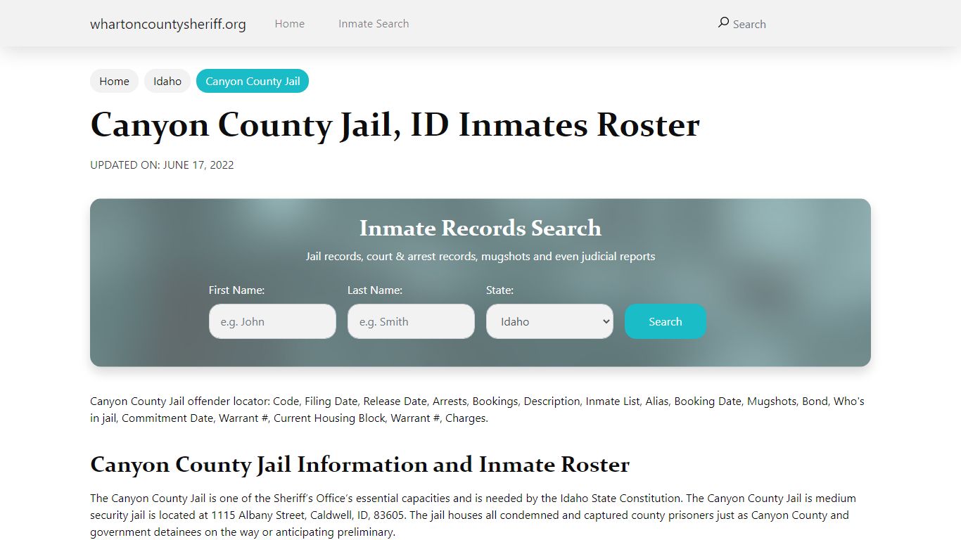 Canyon County Jail, ID Jail Roster, Name Search
